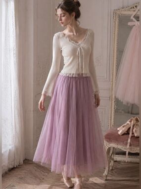 Lavender Balletcore Tulle Midi Skirt Japan Coquette Soft Girl M